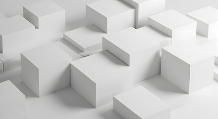 Fototapeta premium A captivating abstract composition of pristine white cubes artfully arranged to create a mesmerizing three dimensional landscape of geometric forms and shadows showcasing subtle light AI Generative