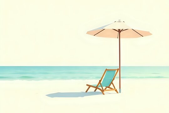 illustration vectoriel d'un parasol et d'un transat install&eacute;s sur une plage de sable fin en face de la mer
