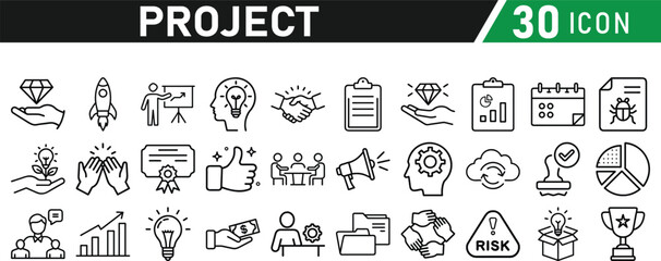 Project icons set in liner style. Editable icons collection
