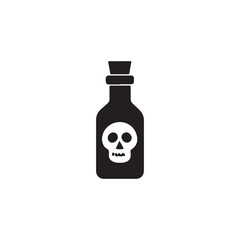 Poison Bottle Icon with Skull Graphic.A simple, black and white icon of a glass bottle with a skull graphic on it.
