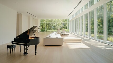 Modern open-plan living room with floor-to-ceiling windows framing forest views, black grand piano as focal point, white sofa and light wood dining area