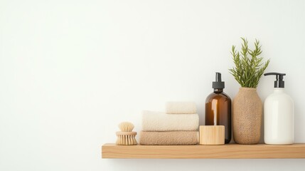 Eco-friendly products for sustainable living – natural eco-friendly products for daily use Minimalist bathroom shelf with decorative items.