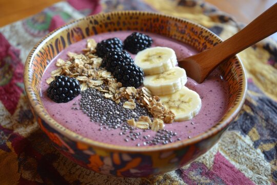 Smoothie bowl with blackberries banana granola and chia seeds