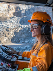 A female operator smiles while driving heavy machinery in a quarry.  Safety gear is worn.