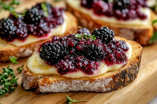 Toasted bread topped with melted cheese and blackberry compote