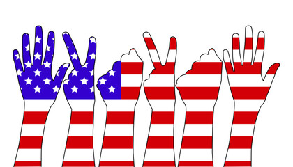 American flag made of hand silhouettes - open palm, fist, V sign - symbols of struggle, victory, freedom and independence of the USA