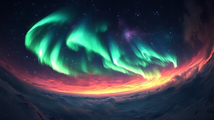 A celestial aurora stretching across an endless sky, luminous waves of emerald green, deep magenta, and electric blue colliding in a cosmic symphony,