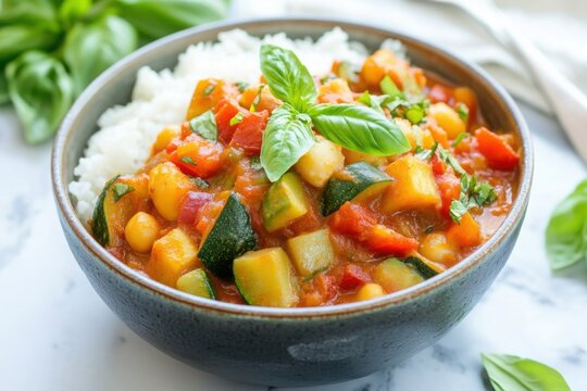 Bowl of vegetable stew with rice garnished with basil
