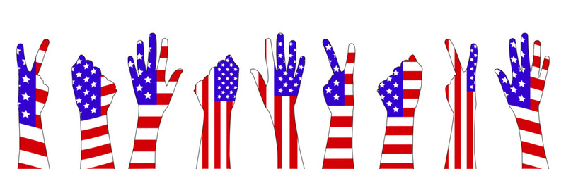 Silhouettes of hands painted in the colors of the American flag - design elements for the US Independence Day and patriotic holiday