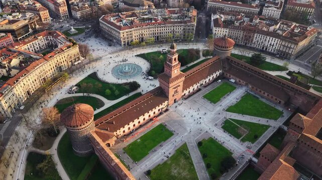 Aerial drone view of the Sforzesco Castle in Milan, Italy at sunset