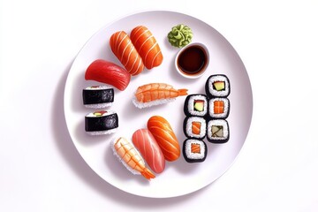 Assorted sushi rolls and nigiri arranged on a white plate with wasabi and soy sauce for a tasty meal