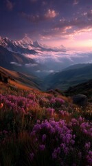 Breathtaking Mountain Landscape With Vibrant Wildflowers During Sunset in a Serene Valley