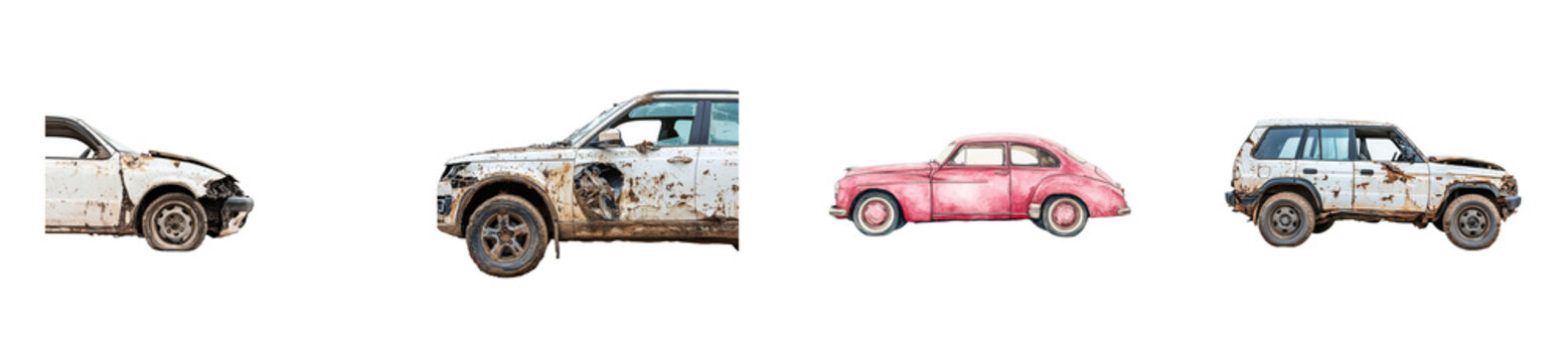 Fototapeta Collection of vintage and rusty cars on transparent background