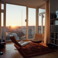 Cozy living room with large windows captures a serene sunset over an urban landscape, exuding warmth and tranquility.