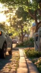 Electric vehicle charging station in a residential area. Sunlight filters through trees casting soft shadows