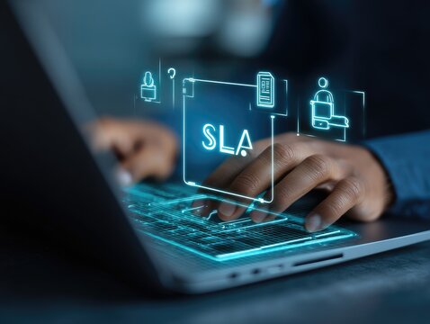 Hands typing on laptop, SLA concept