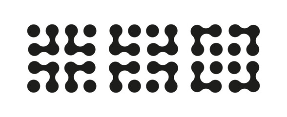 Metaball dot icons mockup. Connected circle shapes sign. Abstract integration symbols. Minimal patterns. Point movement. Morphing blobs. Metaballs transition. Logo, sticker layout. Web design element.