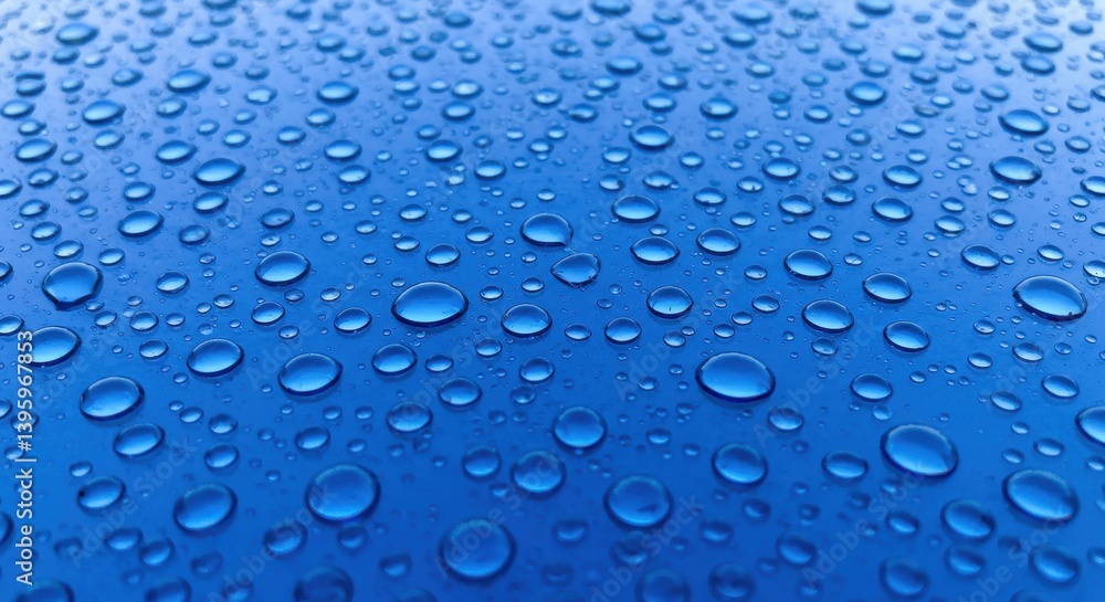 Poster a close up view of water droplets clinging to a smooth blue surface creating a textured wet appearan