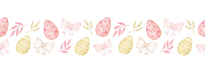 Easter watercolor seamless border with eggs and bows. Cute horizontal border for festive design and decoration. Packaging, happy easter holiday. Cute ribbon with colorful eggs