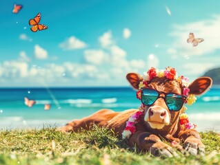 Fototapeta premium A brown calf wearing sunglasses and a flower crown relaxing on a sunny beach with butterflies fluttering around. Bright blue ocean and sky in the background.