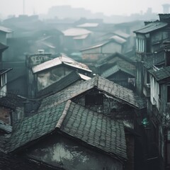 A misty cityscape features rustic rooftops under a foggy sky, casting a serene, timeless atmosphere over the urban landscape.