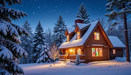 Naklejka premium Cozy wooden cabin in snowy forest with glowing windows at night, peaceful winter landscape with pine trees under starry sky and warm lights