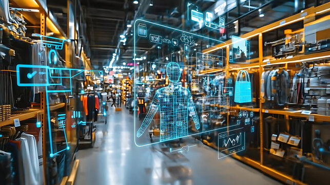 Augmented reality displays over an aisle in a retail store showcasing data and information overlaid onto the physical environment.