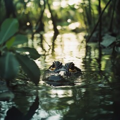 Only eyes and part of the snout of a lurking alligator are visible above the waterline, blending with the reflection of surrounding swamp foliage.