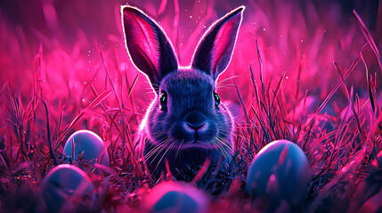 Mystical bunny nestled amongst vibrant pink grass and scattered Easter eggs under a dreamy glow.