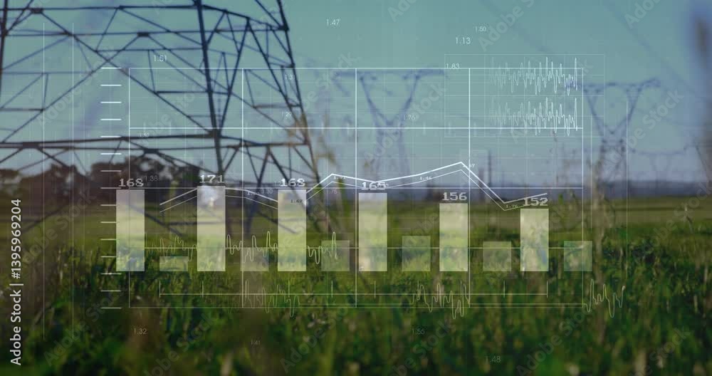 Poster power lines in field with data charts and graphs overlay animation
