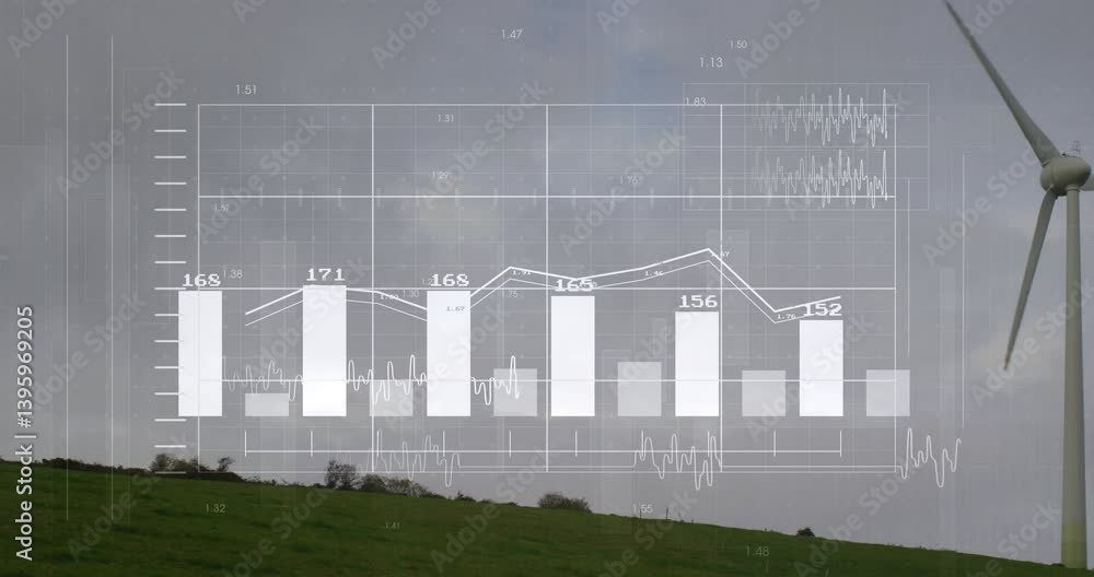 Poster wind turbine generating power with data charts overlaying cloudy sky on grassy hill