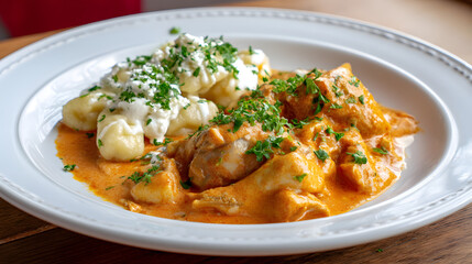 Delicious Chicken Paprikash with Tender Chicken Legs and Creamy Gnocchi Served on Elegant Plate