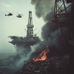 Helicopters fly over an oil rig engulfed in flames, shadowed by thick smoke rising against a moody sky, conveying urgency and turmoil.