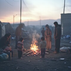 Families gather around a campfire, sharing warmth and stories against a dusky backdrop, evoking themes of community and resilience.