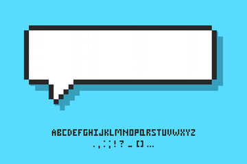 Empty pixelated speech bubble with alphabet, 8 bit cloud for text. Pixel speech bubble, 8 bit geometric texting dialogue box.