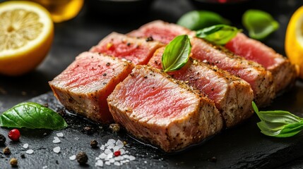 Slices of seared tuna, garnished with fresh basil.  A close-up view of cooked tuna steak pieces on a dark slate surface, with lemon wedges, herbs, and seasonings in the background