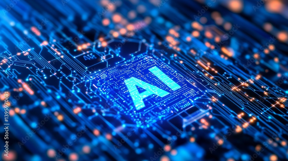 Poster digital blue on the background of the board lights up a virtual hologram of an artificial intelligen