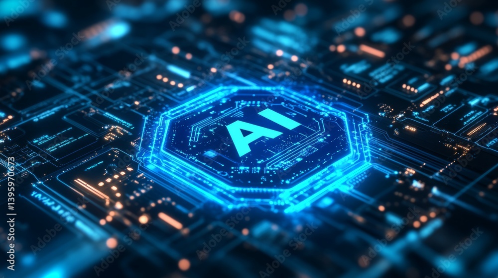 Poster digital blue on the background of the board lights up a virtual hologram of an artificial intelligen