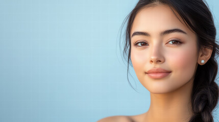Fototapeta premium Serene Beauty's Gaze: A portrait of a young woman of mixed ethnicity, her radiant smile and kind eyes reflect a sense of inner peace and serenity.