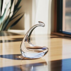 A sleek, modern glass sculpture sits on a sunlit wooden table, casting reflections and shadows on the polished surface.