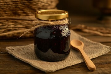 Delicious Homemade Berry Jam in Jar with Wooden Spoon on Table