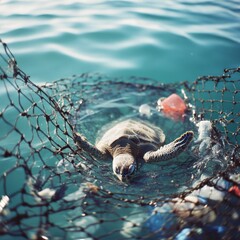 A sea turtle entangled in a net surrounded by ocean debris, highlighting environmental issues.