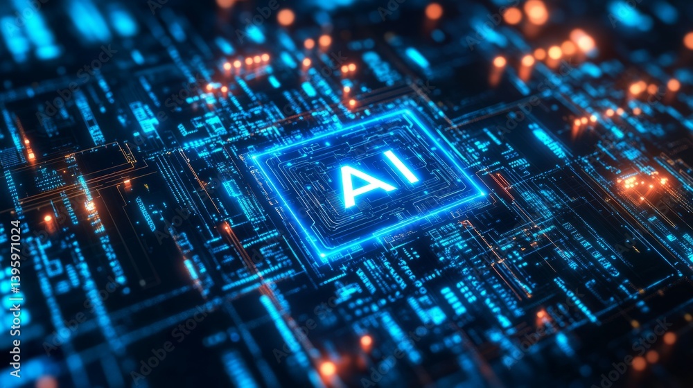 Poster digital blue on the background of the board lights up a virtual hologram of an artificial intelligen