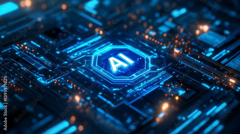 Poster digital blue on the background of the board lights up a virtual hologram of an artificial intelligen