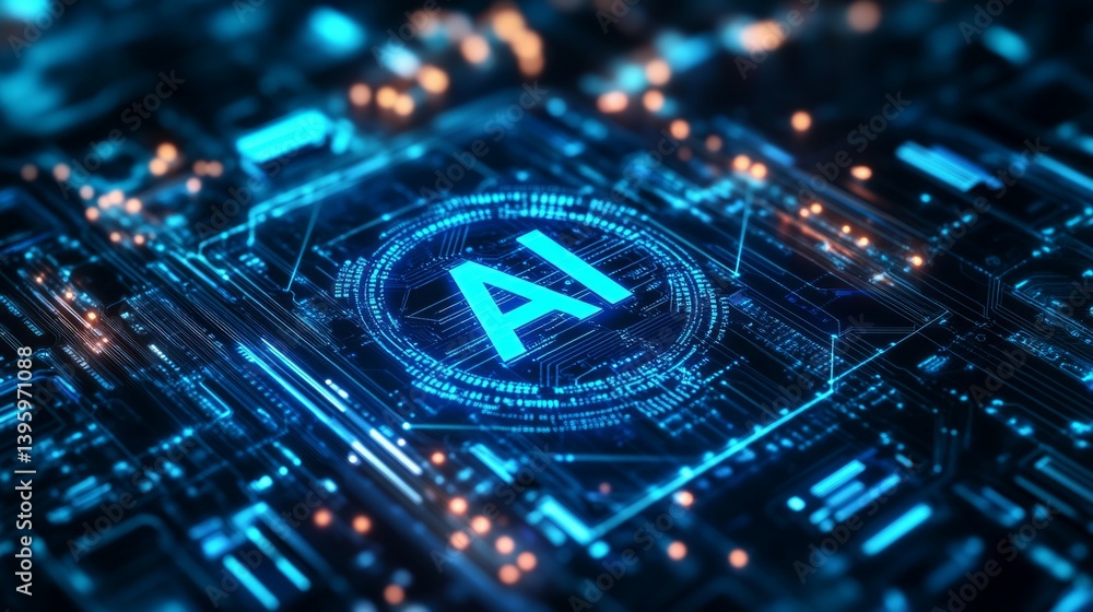 Poster digital blue on the background of the board lights up a virtual hologram of an artificial intelligen