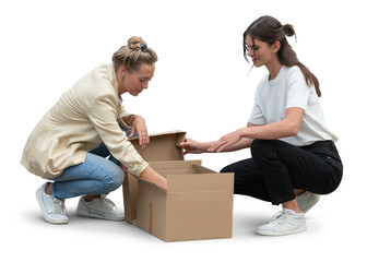 Two women squatting and unpacking a cardboard box isolated on transparent background
