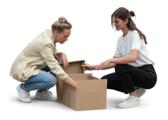 Two women squatting and unpacking a cardboard box isolated on transparent background