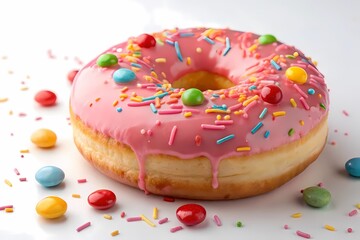 A Delicious Pink Donut Covered in Sprinkles and Colorful Candies