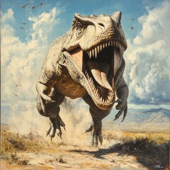 Fototapeta premium A dynamic depiction of a roaring dinosaur in mid-leap across a vibrant landscape