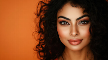 Naklejka premium Radiant Beauty: A close-up portrait of an elegant woman with stunning curly hair and captivating eyes, bathed in the warm embrace of the lighting.